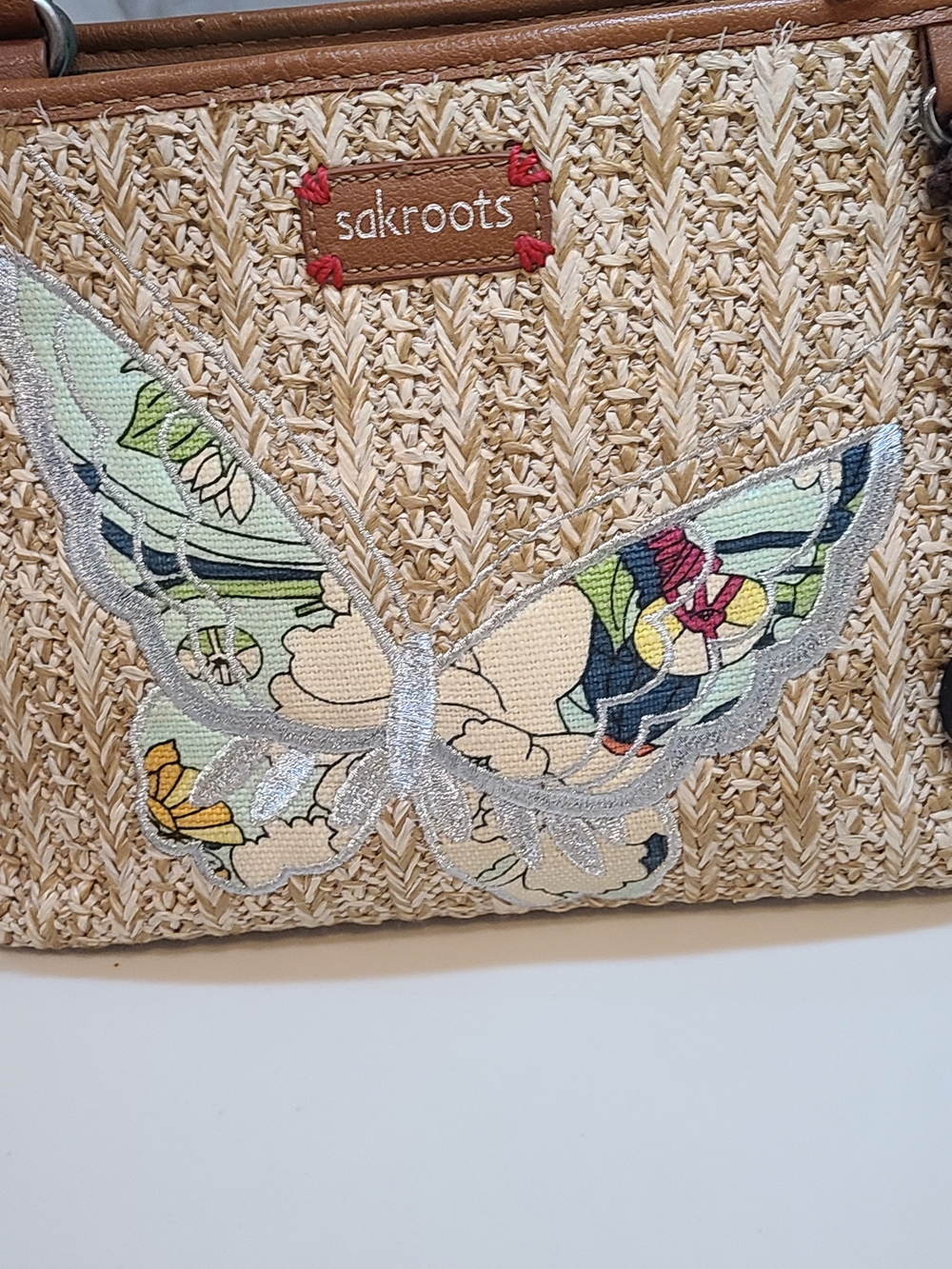 Sakroots Tan Woven Tote with Floral Butterfly Accent - Picture 5 of 13